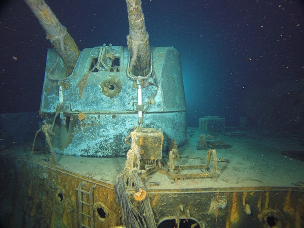 B Turret on the wreck of HMAS Sydney showing a direct hit from the cm guns of Kormoran suffered during their mutually destructive engagement 