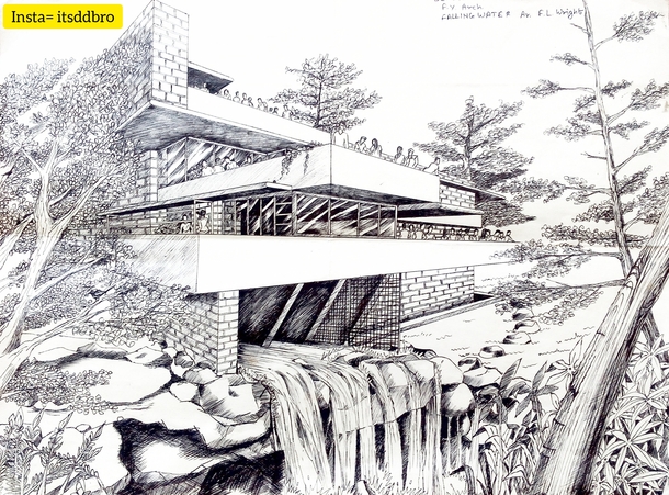 Ballpoint pen sketch of most famous building Falling Waters i did when i was in st year of Architecture