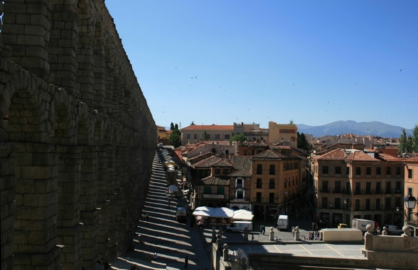 Bats fly to their nests in the Roman aqueduct - Segovia Spain 