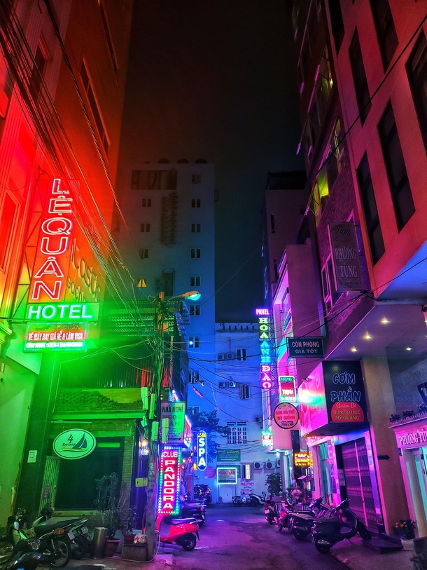 Beautiful alleyways of Da Nang Vietnam Them neon lights