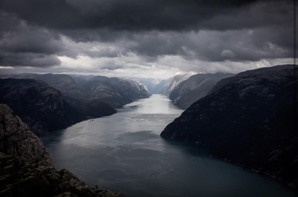 Beautiful cloudy day in Lysefjord River Mountains Norway 
