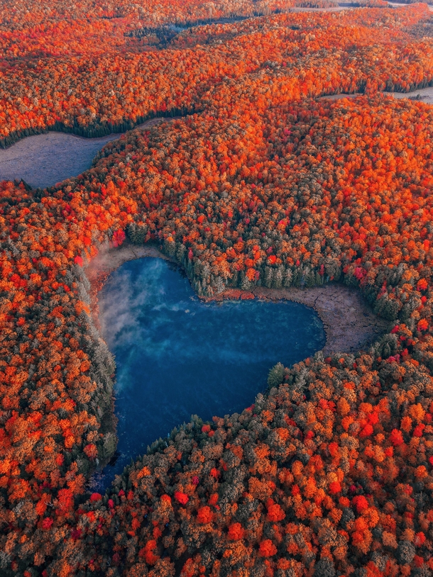 Beautiful heart shaped natural lake surrounded by fall foliage in Ontario Canada 