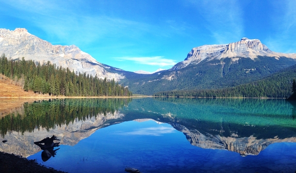 Beautiful mountain reflection at Emerald Lake Yoho National Park BC Canada 