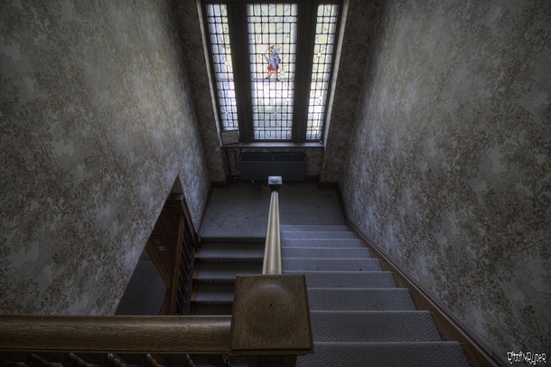 Beautiful Staircase amp Leaded Window Inside an Abandoned Tudor Revival Mansion 