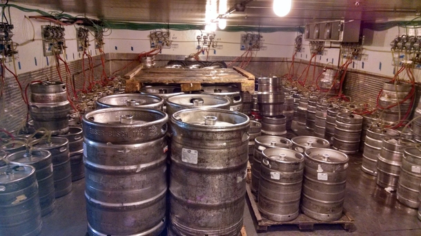 Beer keg storage and distribution walk-in cooler at Mile High Stadium Denver CO 