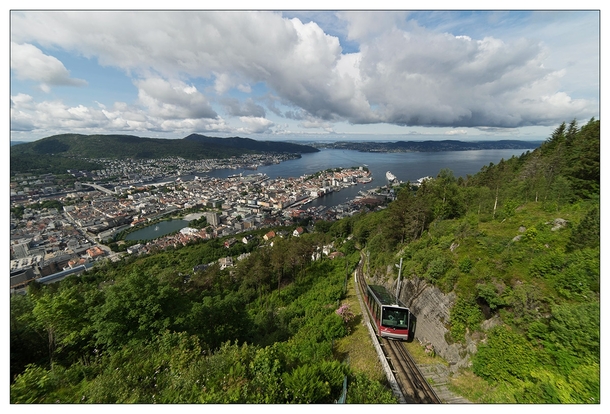 Bergen Norway from the top of the mountain Flyen - Including the popular funicular Flybanen 
