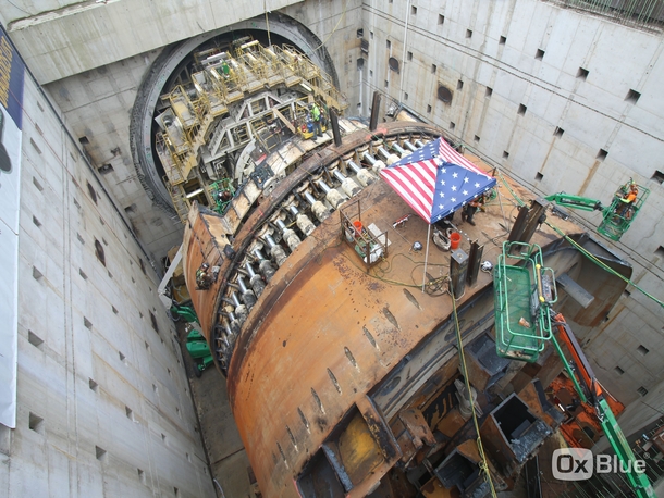 Bertha a -foot-diameter tunnel boring machine being disassembled after boring a  mile long highway tunnel under downtown Seattle 