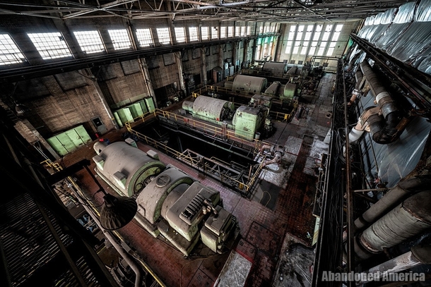 Birdseye view of the generating room in an abandoned power station 