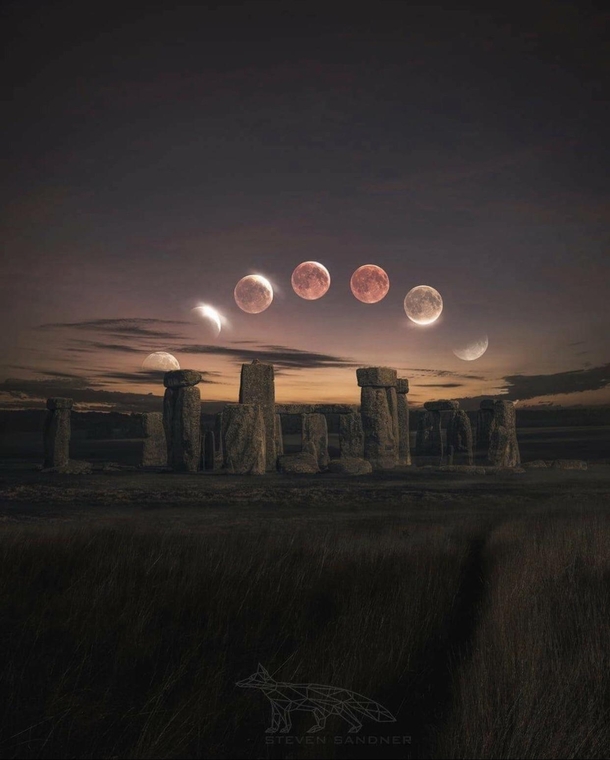 Blood Moon Eclipse over Stonehenge using  pictures to complete the image by Steve Sandner
