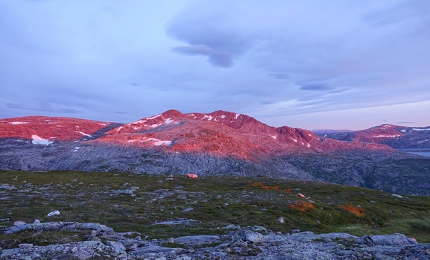 Blushing mountain Breivasstind in Brnny Norway close to midnight earlier this summer 
