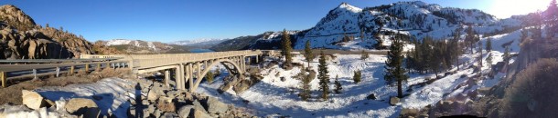Bridge on old CA Hwy  overlooking Donner Lake and now-unused Union Pacific avalanche sheds 