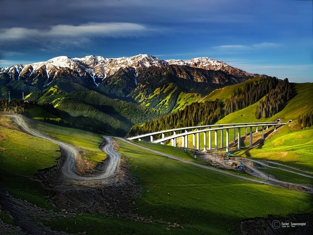 Bridges and roads through Xinjiang in northwest China  by Suchet Suwanmongkol