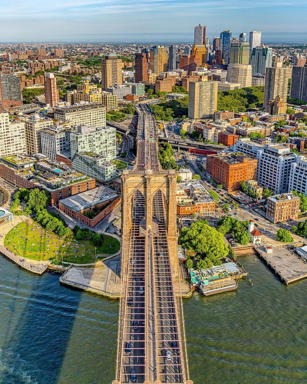 Brooklyn side of Brooklyn Bridge seen from above New York City 