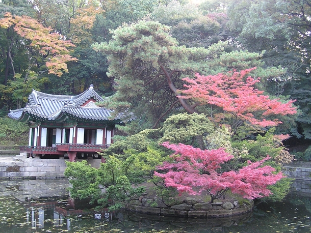 Buyongjeong Pavilion next to the Buyongji Pond the Rear Gardens of Changdeok Palace Seoul South Korea 