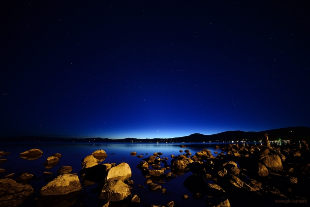 Calm clear night with Venus shining bright over north Lake Tahoe Plus cool rocks 
