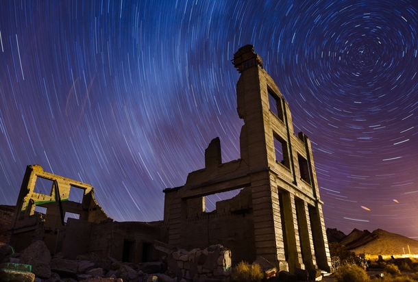 Camped out at a Ghost Town on the CA-NV border and grabbed some nice star trails against the ruins of an old building 