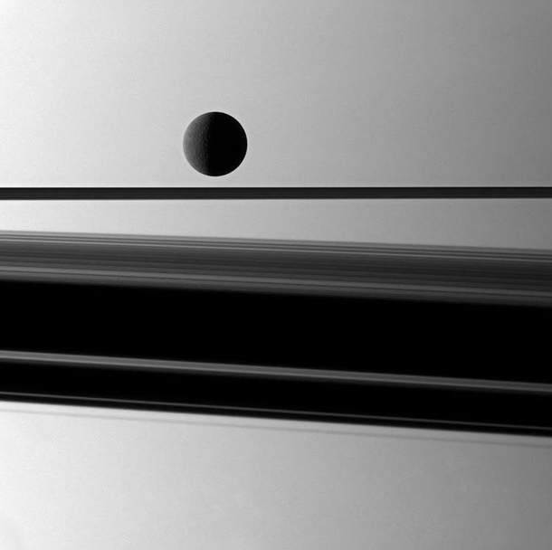 Cassini catching a glimpse of the ice moon Rhea through Saturns rings