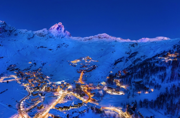 Cervinia Italy The almost empty sky resort under the Matterhorn at sunset 