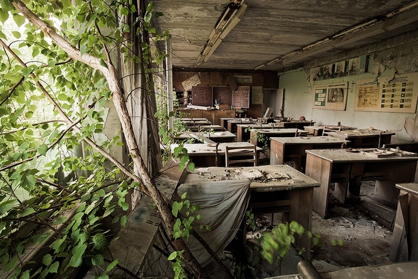 Chernobyl Today abandoned classroom with nature slowly taking over Photo by Gerd Ludwig 