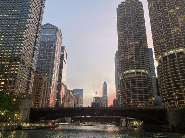 Chicago at dusk including Marina City