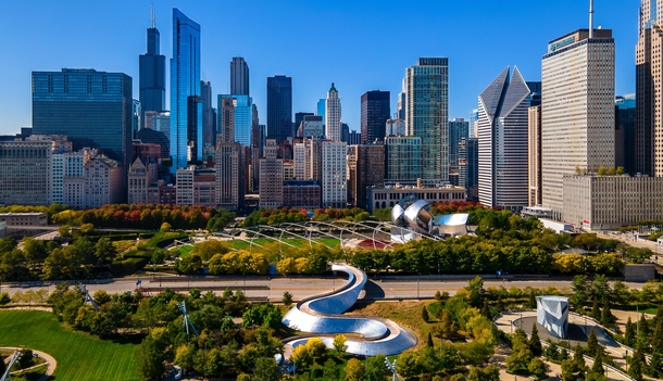 Chicago IL -- Maggie Daley Park with city backdrop 
