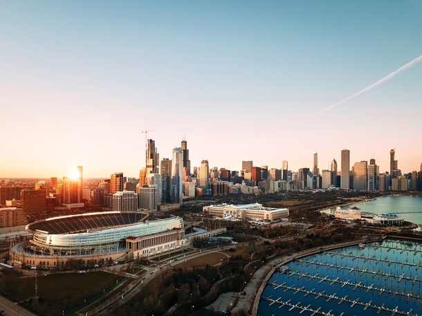 Chicago Skyline Drone Photography at Sunset 