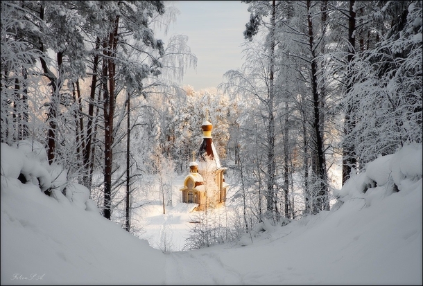 Church on a frozen lake in Vuoksa Russia 