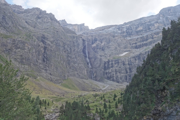 Cirque de Gavarnie surrounded by cliffs that are thousands of feet tall and the tallest waterfall in France 