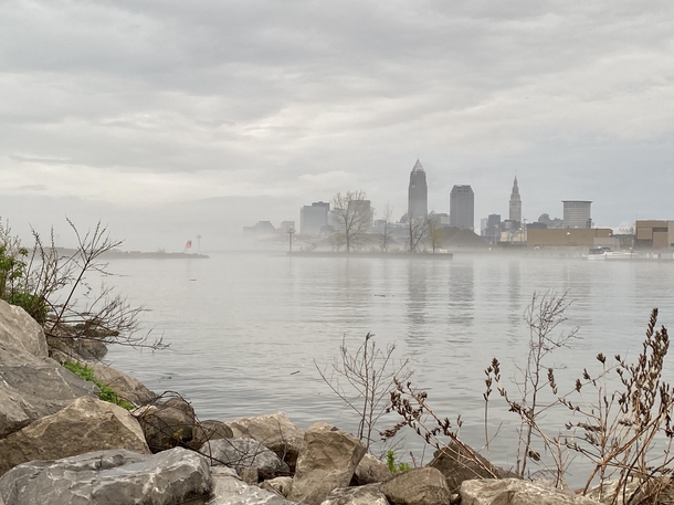 Cleveland cityscape on a foggy day