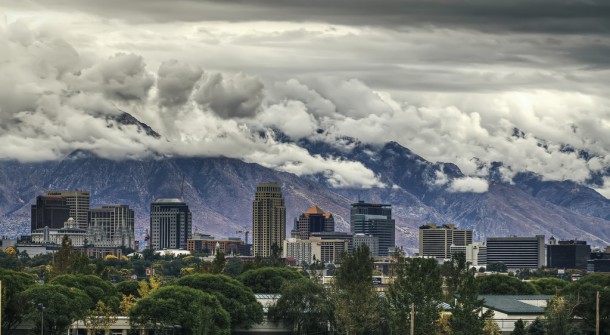Clouds draping over mountains Salt Lake City Utah 