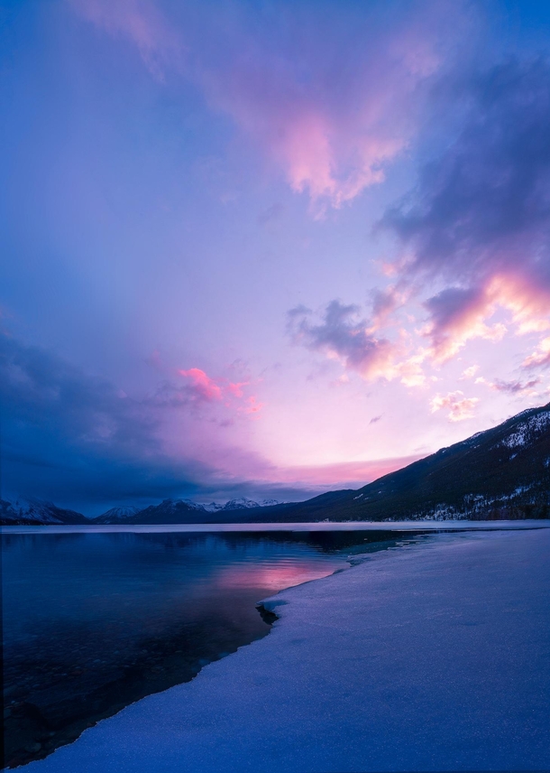 Cold Pink Sunrise Over Lake McDonald in Glacier National Park 