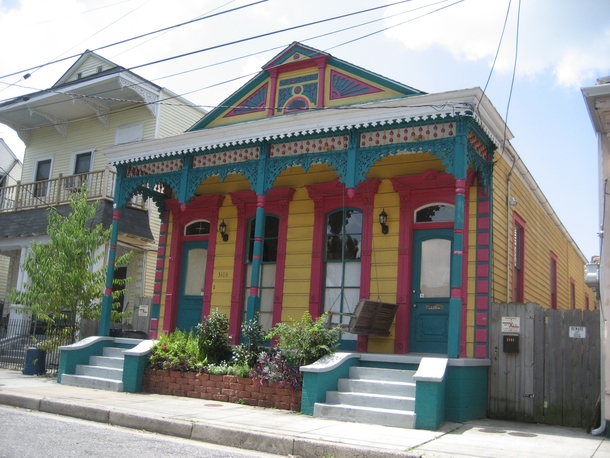Colorful double shotgun house Rampart St in Bywater New Orleans 