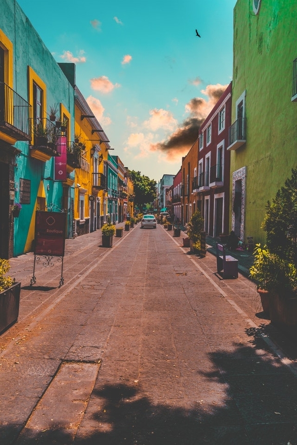 Colorful Painted Buildings in Puebla Mexico