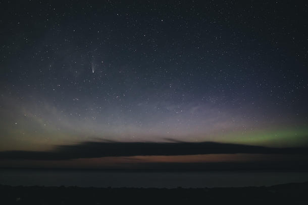 Comet Neowise with subtle Aurora Borealis over Lake Superior in Keweenaw Peninsula July 