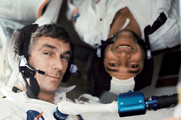 Commander Eugene H Cernan right-side up and Command Module Pilot Ronald E Evans upside-down in Apollo  