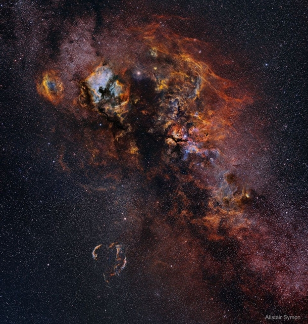 Composed using  different images and over  hours of image data this widefield mosaic by Alistair Symon spans an impressive  degrees across the sky Alpha star of Cygnus bright hot supergiant Deneb lies near top center Cr - Alistair Symon