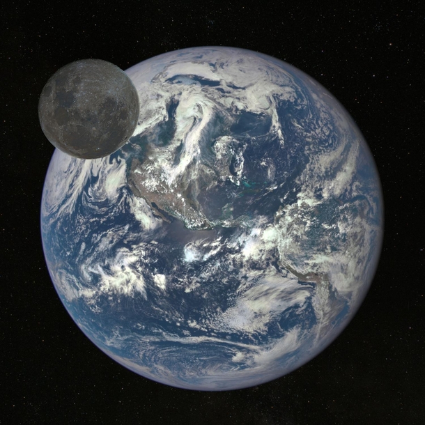 Composition showing difference in brightness between the full Earth and Full Moon 