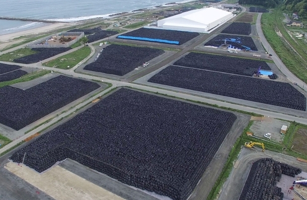 Contaminated dirt from the Fukushima disaster being bagged and sealed away