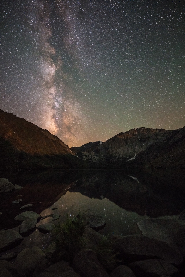 Convict Lake - Beautiful view of the Milky Way shining above and reflecting below OC 