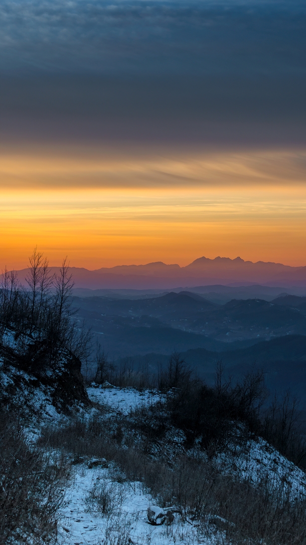 Cool sunset with view towards Kamniko-Savinjske Alps in Slovenia Taken this evening from Strahinjica Croatia - about  km distance 