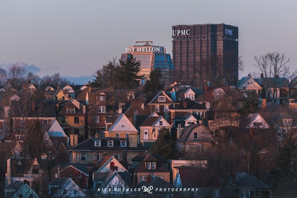 Crosspost from rpittsburgh The tallest Pittsburgh buildings overlooking one of the many stunning neighborhoods of Pittsburgh Taken in January during one of the really warm days we had Taken with Nikon D and a -  Credit uNKoehlerPhotography