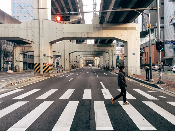Crosswalk under a highway overpass in Seongsu neighborhood Seongdong District Seoul South Korea 