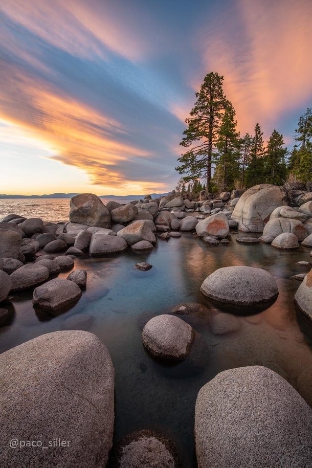 Crystal blue water and a beautiful sunset in Lake Tahoe 