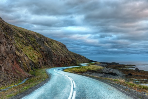 Curving road on in the northwest fjordlands area of Iceland 