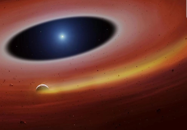 Dead Planets Heavy Metal Core swirling through the dusty Ring of Death near a White Dwarf