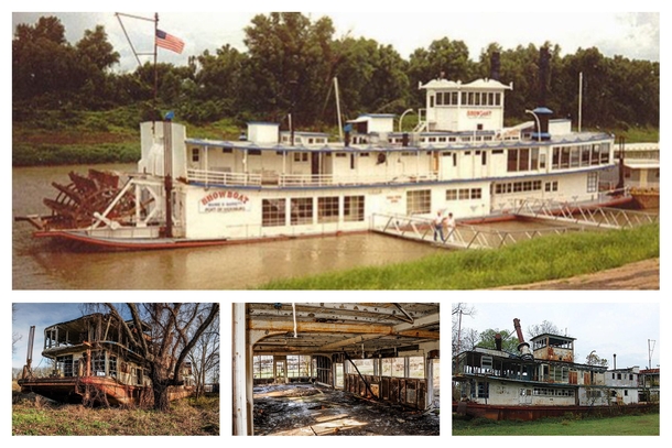 Decay of the Mamie S Barrett Steamboat The top photo was taken around  and the bottom photos in  before the boat caught on fire along the banks of the Mississippi