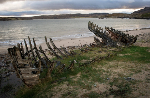 Decaying remains of a boat in Tongue Scotland oc