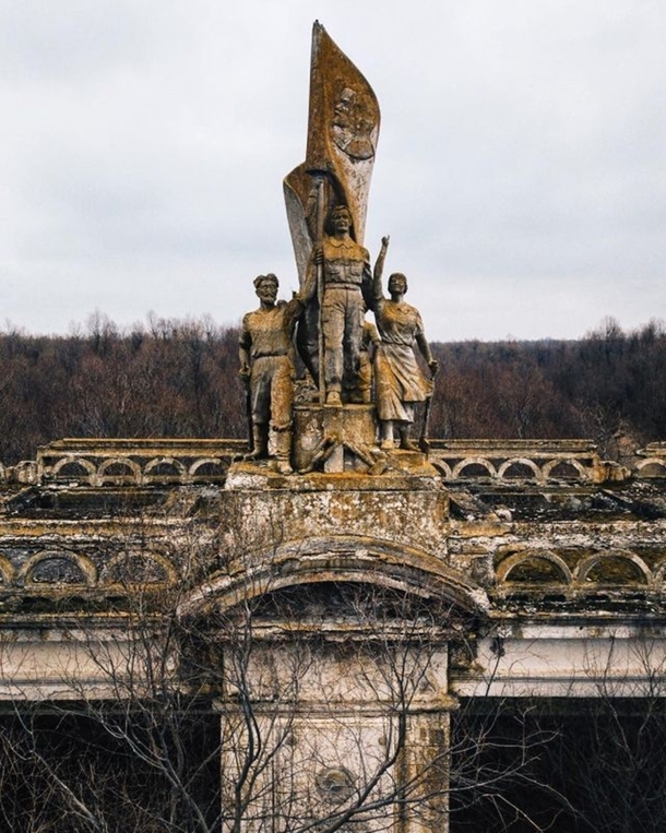 Decorative sculpturemonument on an old abandoned  floodgate structure Krasnodar Reservoir in Adygea Russia 