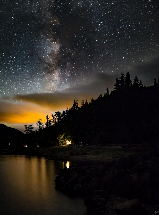 Deep in the Cascade mountains sits a lake with a lovely little Cabin overlooking Late summer I found myself there chasing the Milky Way in the suffocating darkness 