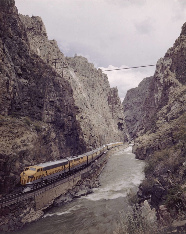 Denver and Rio Grande Western locomotive  in the Royal Gorge beside the Arkansas River in Fremont County Colorado  x-post from rtrains